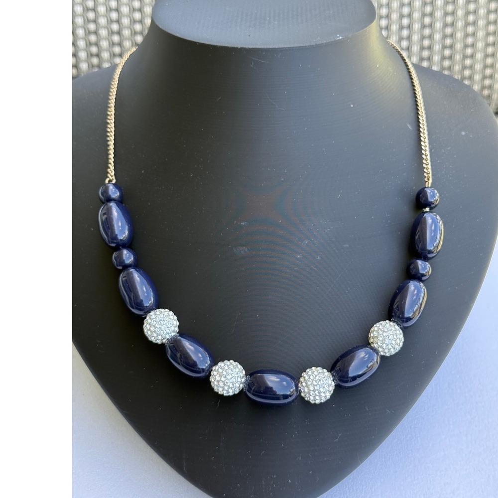 J.Crew Y2K Navy Beaded Rhinestone Black Necklace Early 2000s Statement